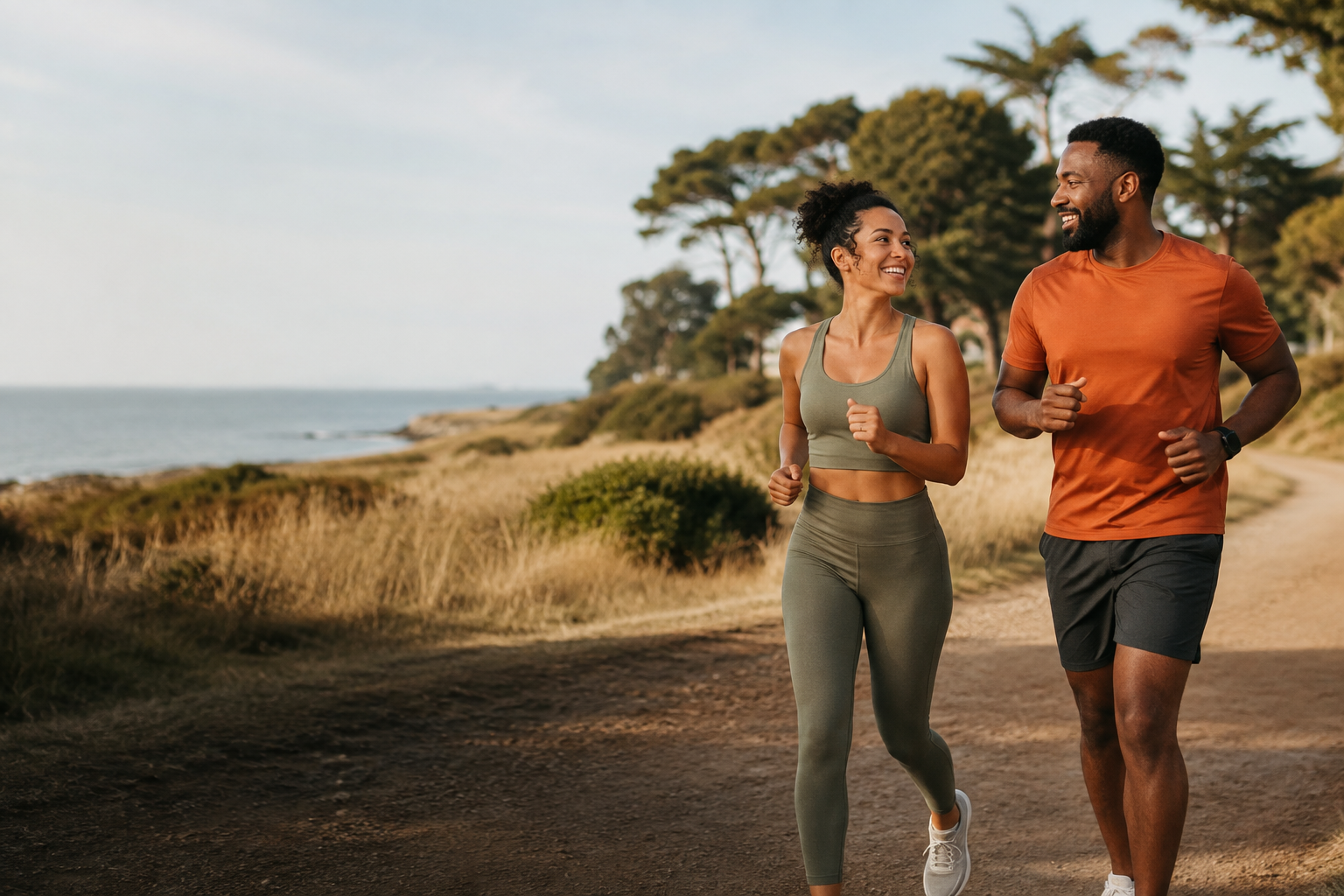 Two friends enjoying a jog on a sunny coastal path